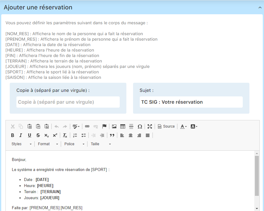 Email - Ajouter une réservation